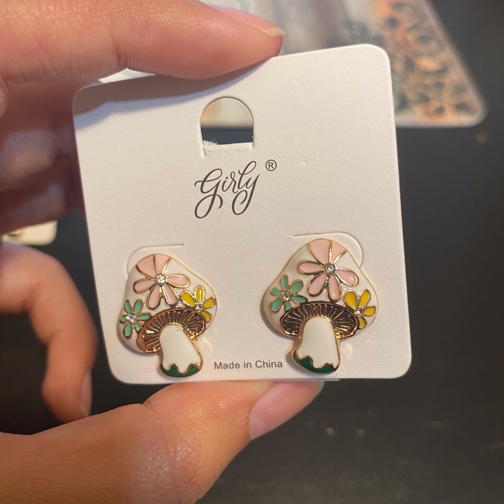 Mushroom earrings with pink, yellow, and green flowers